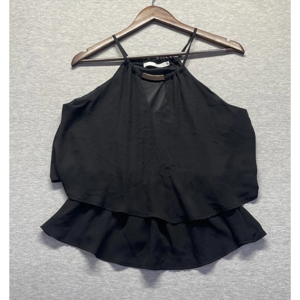 Have Chiffon Halter Top Womens M Black Draped Panel Sleeveless Layered Ruffled